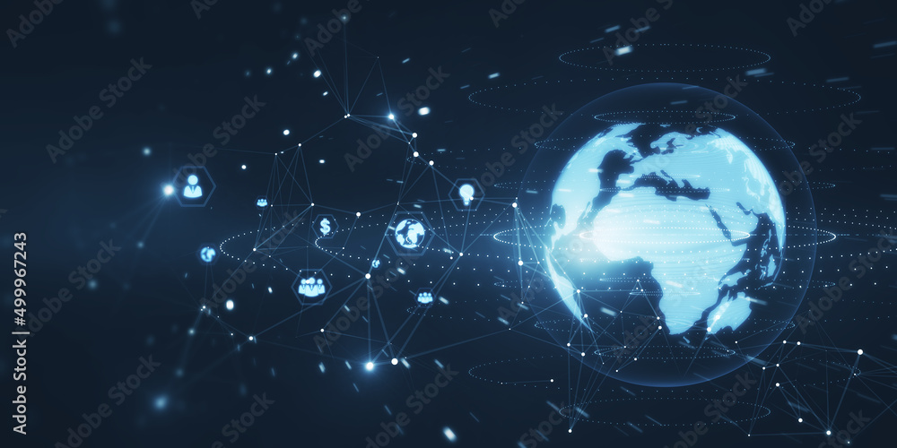 Fototapeta premium Creative bright globe interface with various business icons and connections on blurry backdrop with mock up place. Global network and technology concept. 3D Rendering.