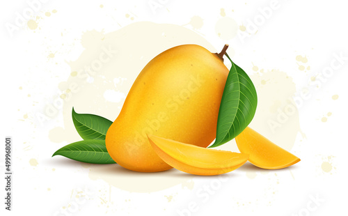 Fresh Yellow mango with Mango leaves and slices vector illustration