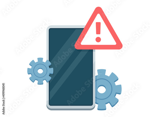 壊れたスマートフォンのイラスト. エラー警告. スマホの故障や修理のベクターイメージ.