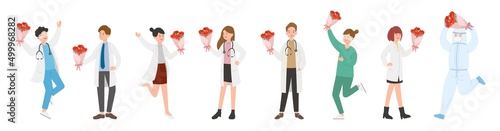 Paramedic or doctor or nurse wearing isolation gown and medical mask with carnations on mother's day, thanking mother