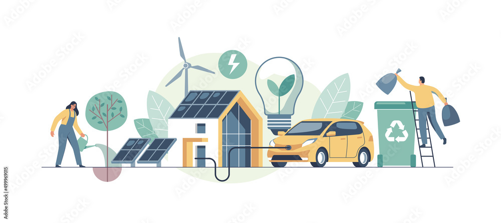 Environmental care and use clean green energy from renewable sources concept. Modern eco house with windmills and solar energy panels, electric car near charging station. Recycling.  - obrazy, fototapety, plakaty 