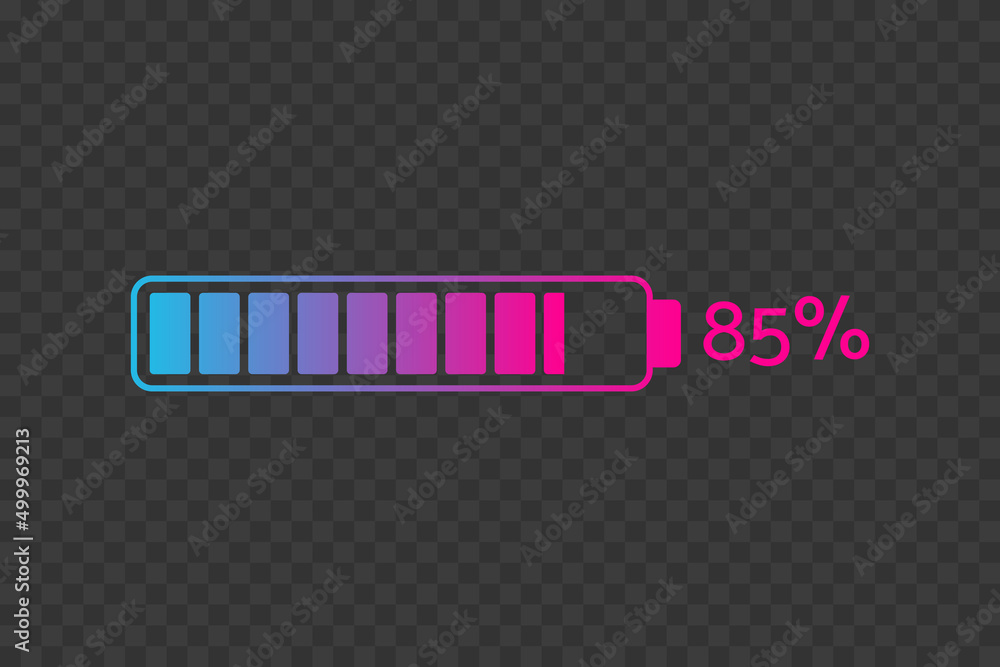 85 percent chart. Vector percentage infographics on transparent background. Isolated gradient icon. Sign for download, battery charge, growth, progress, power, energy level, business, design