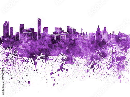 Liverpool skyline in purple watercolor on white  background