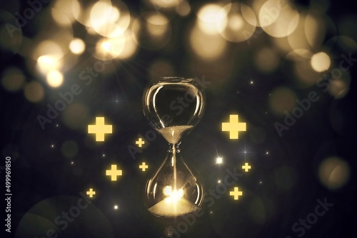 Golden glass hour with the positive icon with bokeh light, abstract meaning of time of healing, time healing mental health,Mental health care, positive thinking, positive energy, depression cure.