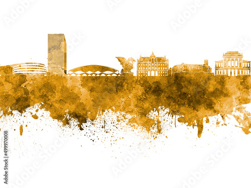 Ljubljana skyline in orange watercolor on white background