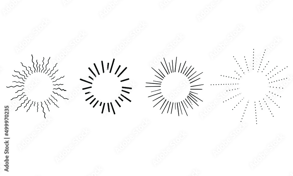 Fototapeta premium Hand drawn sunburst shine ray and sparkle element in doodle sketch style. Circle twinkle burst of sun, burst star. Vector illustration on white background.