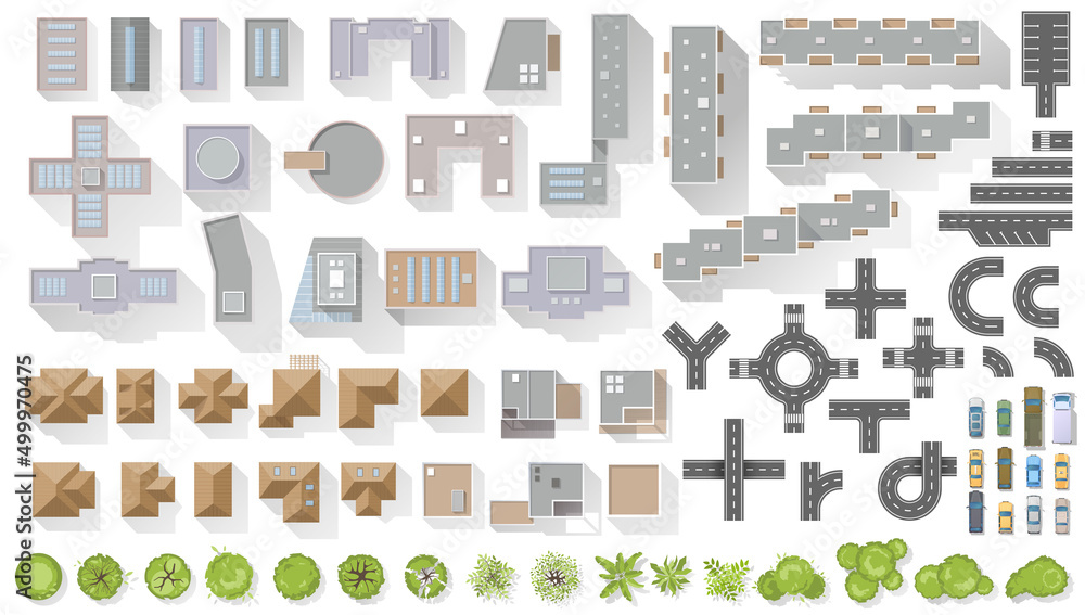 Set of elements top view for landscape design. Buildings and trees for map of City. Collection, kit of Objects. House, factory, skyscraper, hotel, manufacturing. Isolated Vector element from above