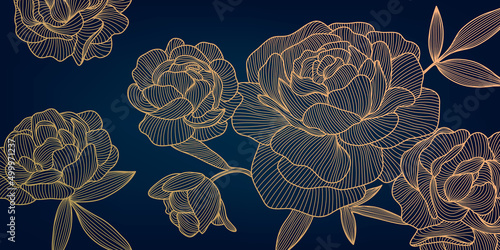 Vector art deco luxury flower line pattern, golden background. Hand drawn peonies for packaging, social media post, cover, banner, creative post and wall arts