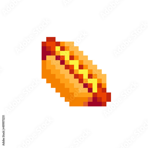 Hot dog  pixel art icon. Design for stickers, logo fast food, mobile app, badges and patches, 8-bit sprite. Hotdog isolated vector illustration.