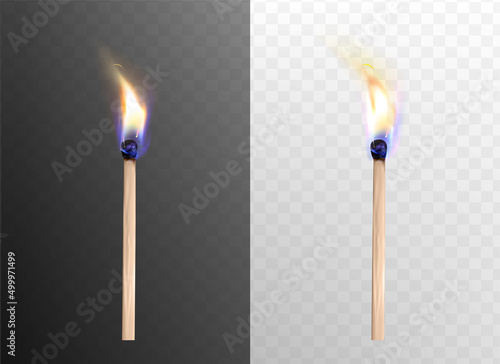 Realistic 3d vector illustration of whole burning matchsticks on dark and white transparent background. Ablaze wood match, fire on wooden stick. Flame light, ignition or flaming effect.