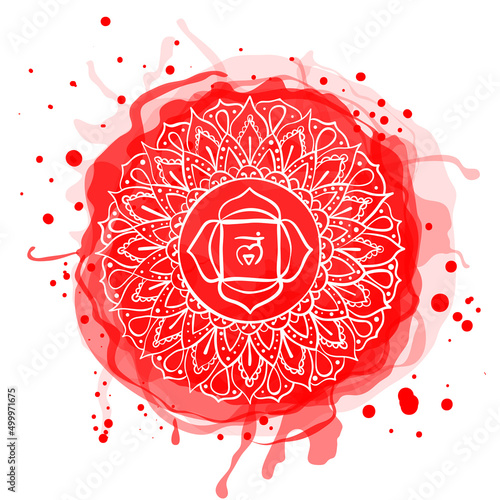 Muladhara chakra. Watercolor blot. Hand drawn sloppy vector art. Om sign. Red circle. Sacral icon. Meditation.