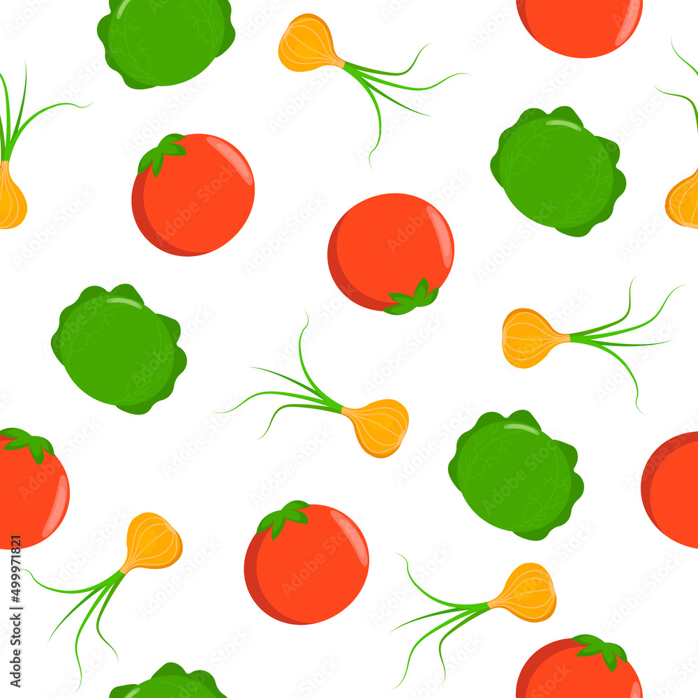 Fototapeta premium Bright seamless pattern with cabbage, onion and tomato