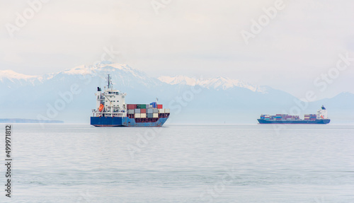 Marine cargo ships against the backdrop of snow-capped peaks
