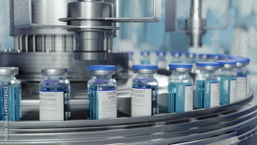 3d rendering pack bottle  SARS-COV-2 COVID-19 Coronavirus Vaccine Mass Production in Laboratory, Machine Puts Bottle Caps on Ampoules Moving on Pharmaceutical Conveyor Belt in Research Lab. Cyclic