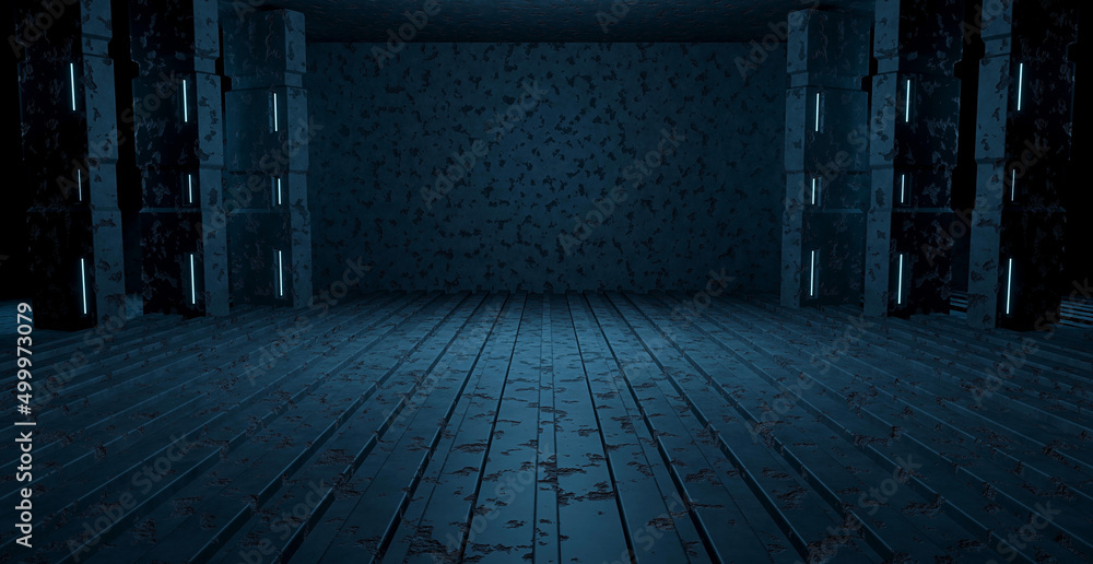 Abstract Scifi Concrete Cement Panels Underground Tunnel Dark Blue