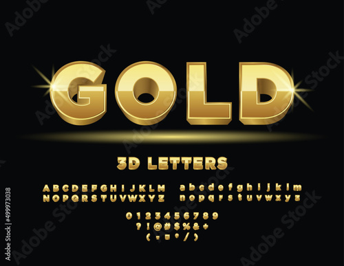 3D Gold Alphabet Letters, Numbers and Symbols. 3D Elegant Font. abc a to z golden alphabets letters golden fonts bold gold bar font typeface