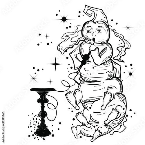 Smoking caterpillar from Alice in wonderland fairy tale. Page for coloring book.