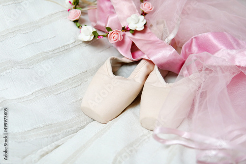 ballet, pointe shoes, tutu and bouquet of flowers