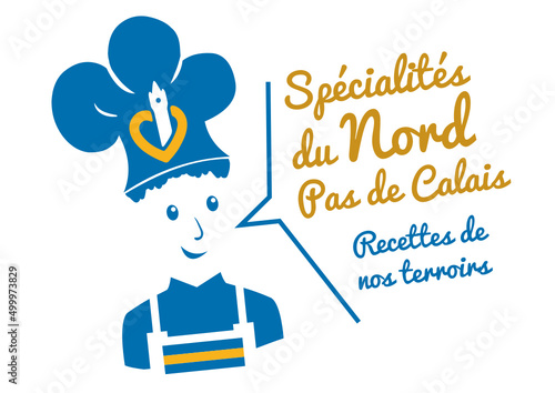 Logo spécialités du Nord-Pas-de-Calais, chef avec toque, recettes de cuisine de notre terroir.