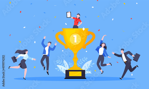 Employee recognition or proud workers of the month business concept flat style design vector illustration. Young adult people jump in the air with trophy cup.