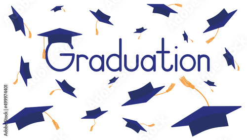 Throwing graduation caps with tossels. Graduation ceremony. Vector illustration