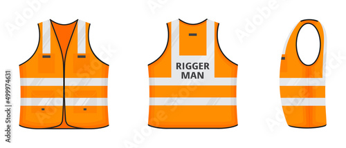 Safety reflective vest with label Rigger man tag flat style design vector illustration set. Orange fluorescent security safety work jacket with reflective stripes. Front, side, back view uniform vest.