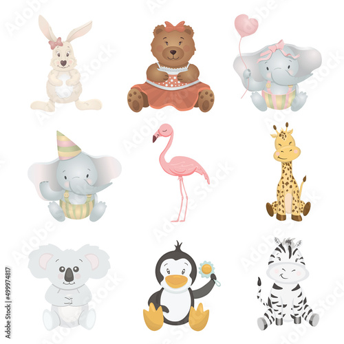 Cute vector set of baby animals  rabbit  bear  elephant  flamingo  giraffe  zebra  penguin  koala.