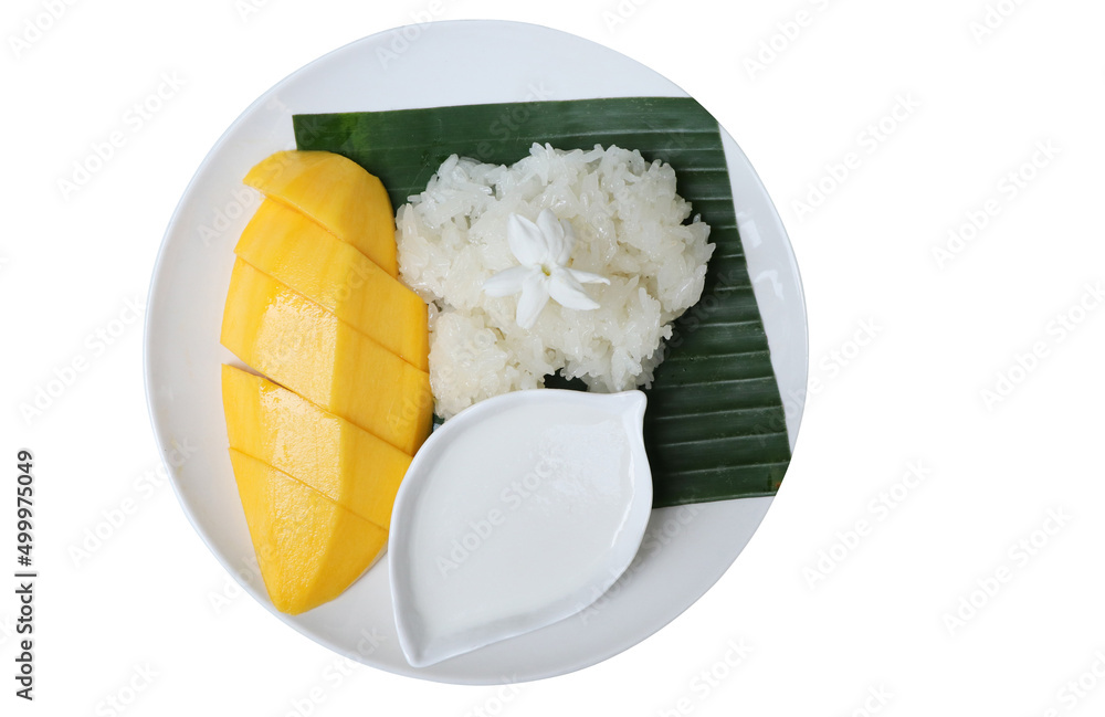 Sweet mango with sticky rice bright color and good taste in the plate on isolated background