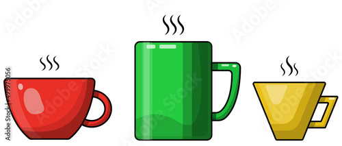 Coffee , tea Cups. Big, small cups. Red, green, yellow
