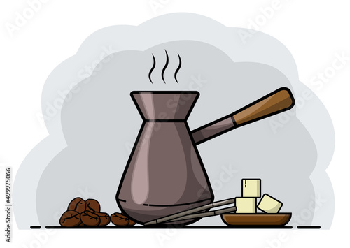 Cezve for Turkish coffee. Sugar and coffee beans. Traditional drink