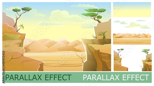 Dunes of desert and mountains in distance. Image from layers for overlay with parallax effect. Stone rocks, sandstone and stones. Landscape of southern countryside. Cool cartoon style. Vector