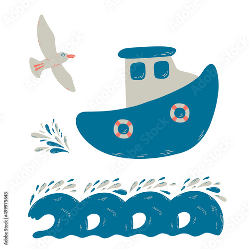 Fishing boat in waves with seagulls and splashes. Small ship in cute flat design. Vector illustration for childish design, kids room decor, print and other.