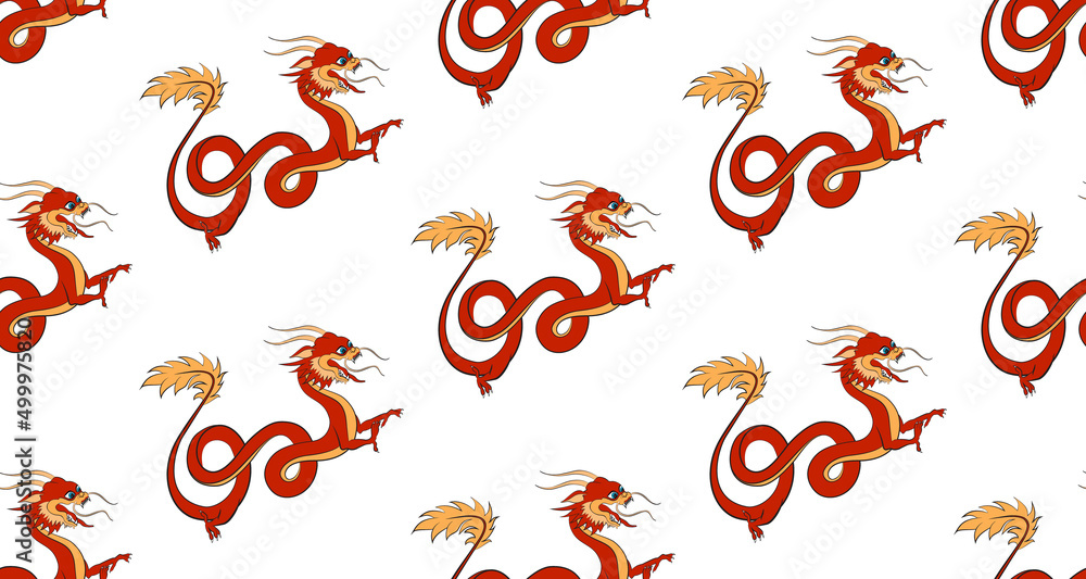 Red dragon chinese mythology flying creature vector illustration seamless pattern. Japanese legend red dragon beast with long swirl tail. Totem empire symbol. Flying zodiac animal. Tattoo illustration Red dragon chinese mythology flying creature vector illustration seamless pattern. Japanese legend red dragon beast with long swirl tail. Totem empire symbol. Flying zodiac animal. Tattoo illustration