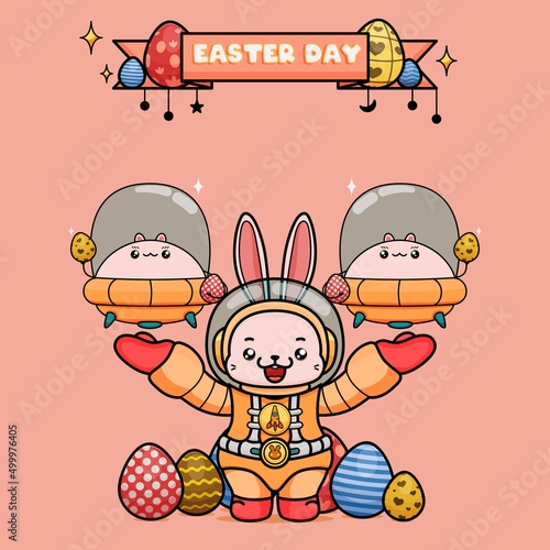Celebrating Easter  doddle bunny mascot with an outline  in a kawaii style. easter bunny cartoon illustration in astronaut suit holding two ufo chubby bunny with egg  happy face
