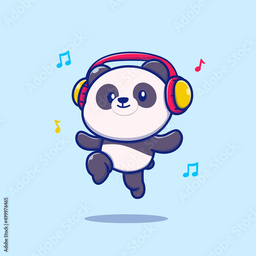 Cute Panda Listening Music With Headphone Cartoon Vector Icon Illustration. Animal Music Icon Concept Isolated Premium Vector. Flat Cartoon Style