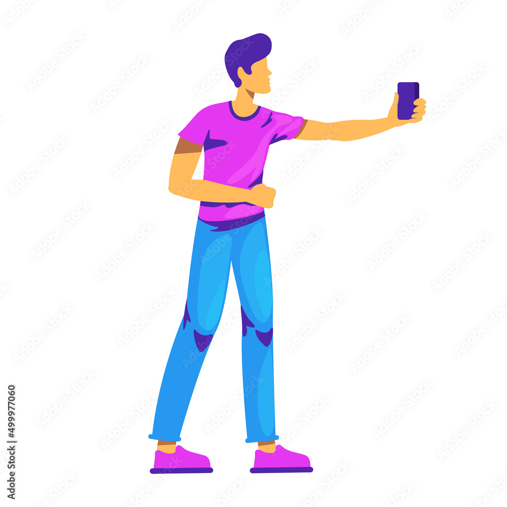 Young man holding smartphone semi flat color vector character. Phone addiction. Standing figure. Full body person on white. Simple cartoon style illustration for web graphic design and animation