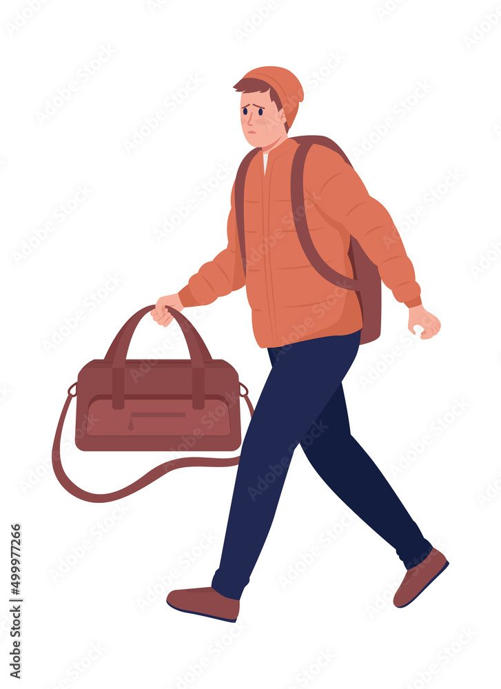 Male refugee with luggage running away from war semi flat color vector character. Worried figure. Full body person on white. Simple cartoon style illustration for web graphic design and animation Male refugee with luggage running away from war semi flat color vector character. Worried figure. Full body person on white. Simple cartoon style illustration for web graphic design and animation
