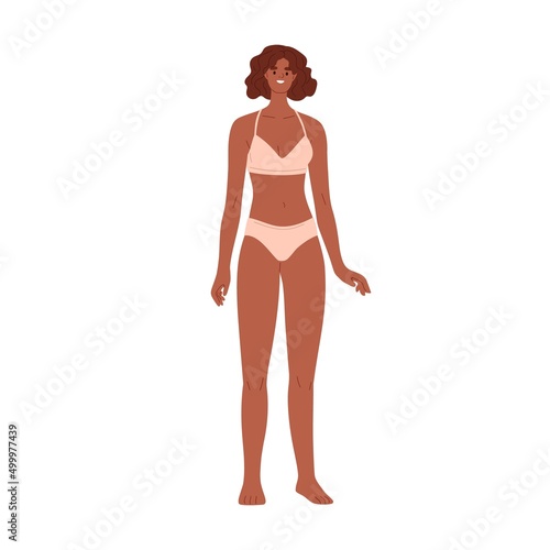 Happy woman with slim body, standing in underwear. Smiling female with slende...