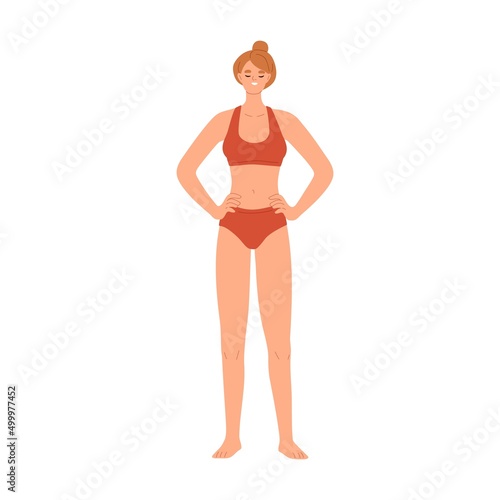 Young woman in underwear with slim body. Happy female in bikini with slender figure. Thin person standing in swimsuit, lingerie bra and panties. Flat vector illustration isolated on white background
