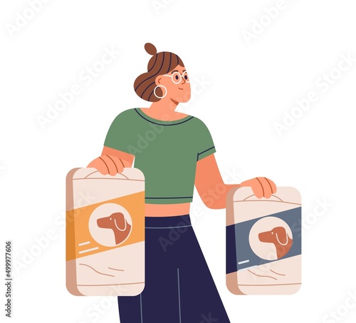 Vendor with pets feed in bags, holding packagings in hands. Woman seller with dogs goods. Person with canine products packings, selling, showing. Flat vector illustration isolated on white background