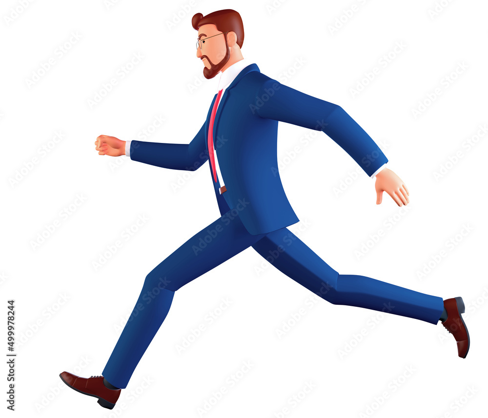 3d render. Man in glasses wearing a blue suit runs. Businessman cartoon character in a hurry, simply business career clipart isolated on white background.. 3d render. Man in glasses wearing a blue suit runs. Businessman cartoon character in a hurry, simply business career clipart isolated on white background..