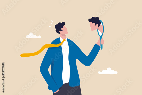 Obraz na płótnie Self awareness, aware of different aspect of self, behaviors and feelings, psychology state of oneself becomes focus of attention, businessman found himself from mirror thinking about self awareness