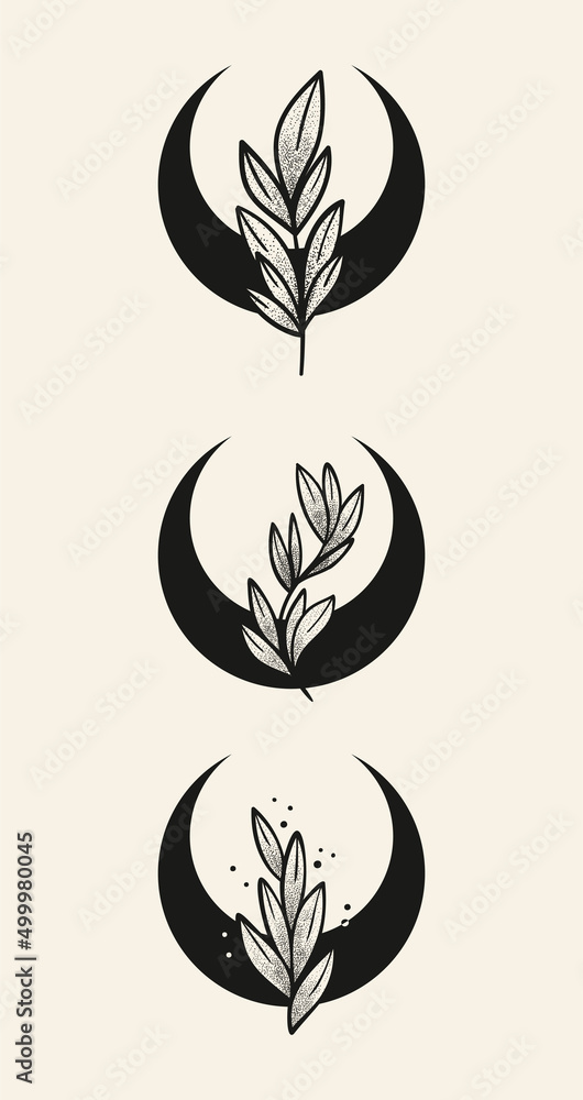 Set of three stylish illustrations. Black logos light background. Hand drawn ink dot pattern templates. Icons for decoration and design with crescent moon and plants. Set of three stylish illustrations. Black logos light background. Hand drawn ink dot pattern templates. Icons for decoration and design with crescent moon and plants.