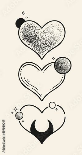Set of three stylish illustrations. Black logos light background. Hand drawn ink dot pattern templates. Icons for decoration and design with hearts, circles and crescents.