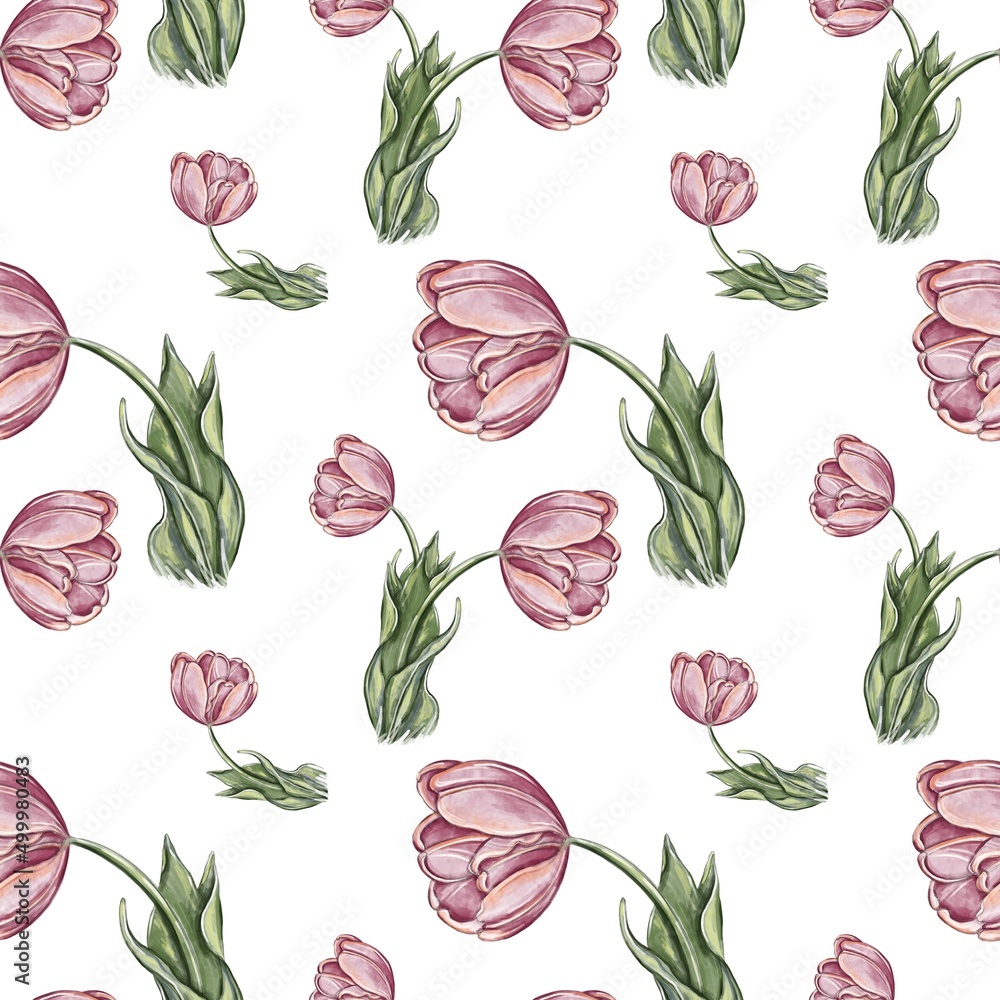 Floral seamless pattern. Watercolor pattern with the image of tulips hand-drawn. Print for textiles, wallpaper, wrapping paper, for clothing. Print for children's rooms.