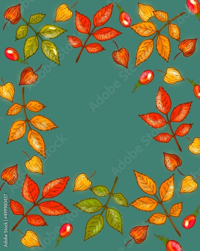 Frame of autumn leaves, copy space. Hand drawn, autumn illustration