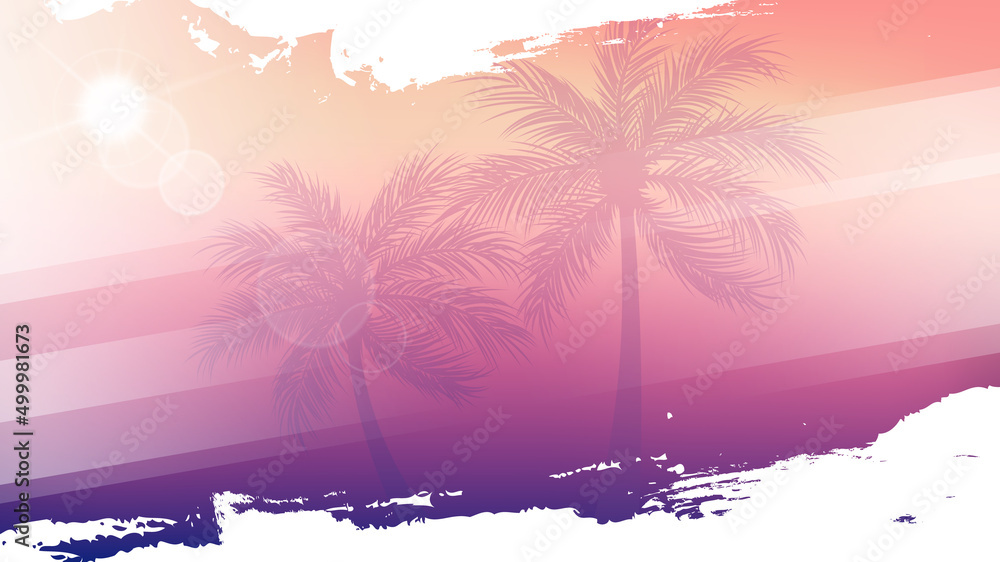 Summertime violet background with palm trees, summer sun and white brush strokes for your season graphic design. Hot Sunny Days. Vector illustration. - obrazy, fototapety, plakaty 
