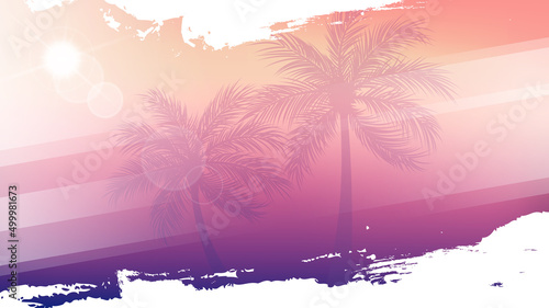 Summertime violet background with palm trees, summer sun and white brush strokes for your season graphic design. Hot Sunny Days. Vector illustration.