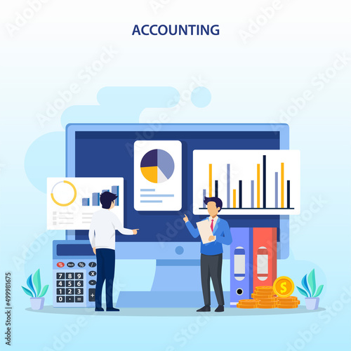 Accountant Flat vector illustration. Concept of the tax calculating and financial analysis.
