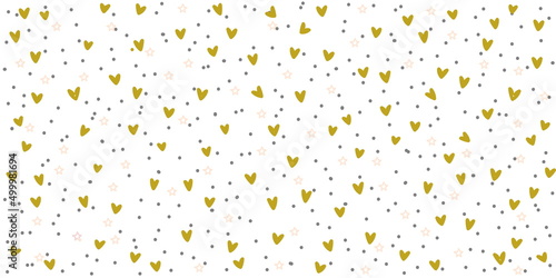 Seamless pattern background with stars hearts and dots, vector drawing, gold and pink colors
